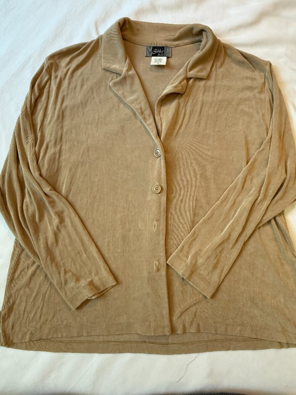 Slinky Brand Notch Collar Button Front Top Tan Long Sleeve Size 1X